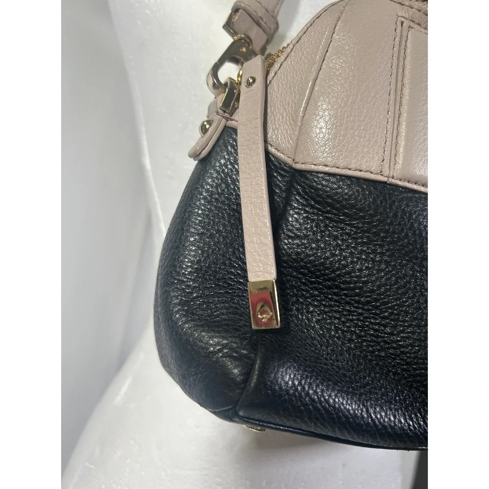 Kate Spade New York Pebble Leather Two Tone Satchel Handbag Black Beige Gold#256